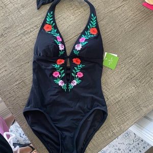 Kate spade black and floral one piece bathing suit